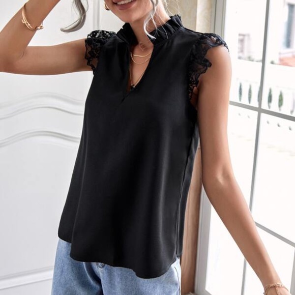Boho Black Floral Lace Sheer Ruffle Top - Picture 2 of 5